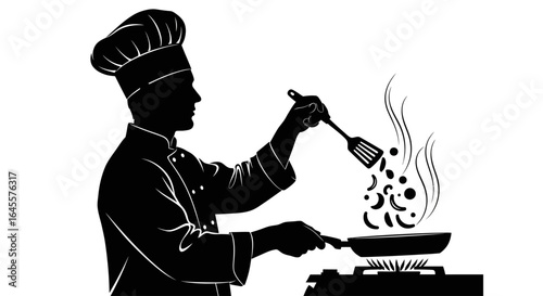 chef silhouette cooking delicious food a striking black and white image perfect for restaurant menus culinary websites or cookbook illustrations