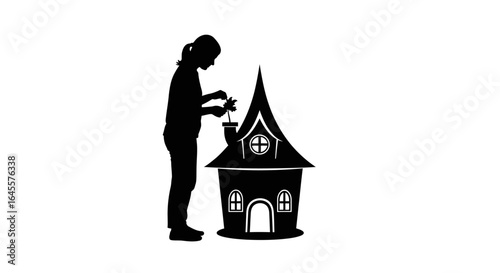 woman tending a plant on a whimsical house symbol of home growth and nurturing for websites blogs and childrens books