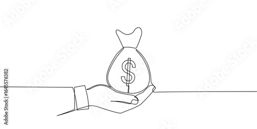 Continuous line vector of a hand holding a money bag with a dollar sign, symbolizing finance, savings, profit, investment, banking, business success, wealth, income, and financial growth concepts.
