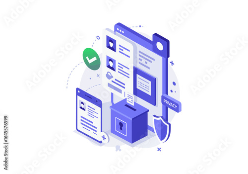 Isometric Illustration of Data Privacy: Secure Profile Management with Ballot Box and Shield