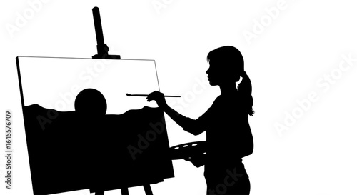 young artist painting sunset seascape silhouette illustration for creative projects websites and blogs needing a visual representation of artistic passion and inspiration
