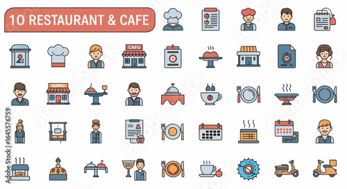 Colorful icon set depicting restaurant and cafe staff, food service, and building elements.