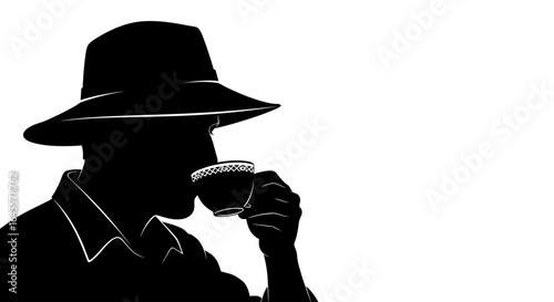 silhouette of a man in a fedora enjoying a moment of calm reflection over a cup of coffee perfect for relaxation mystery or thoughtful branding