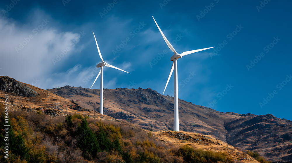 Wind turbines spinning on a windy day on a hillside Wind turbines spinning on a windy day on a hillside
