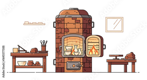 Traditional ceramics workshop interior with a brick kiln firing pottery. A potter's wheel and workbench with tools illustrate the handmade craft concept.