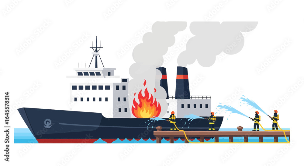 Obraz premium Ship Fire Firefighters Battle Flames at Sea, Illustrated Disaster Scene with Smoke
