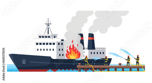 Ship Fire Firefighters Battle Flames at Sea, Illustrated Disaster Scene with Smoke