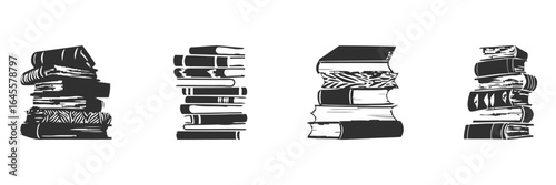 Stacked books, various heights, different sizes.