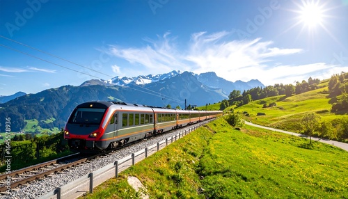 Scenic train journey through alpine landscapes.