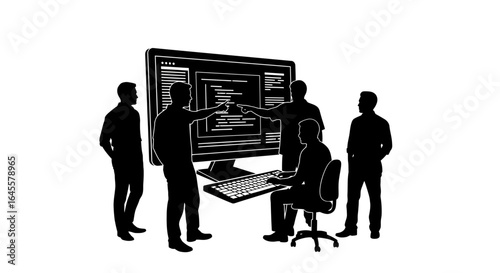 software development team collaboration agile programmers brainstorming code solutions on large monitor illustrating effective teamwork and problemsolving in tech