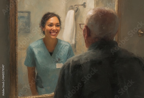 Nurse in light blue scrubs smiling while speaking with elderly patient in hospital bathroom