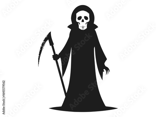 Grim reaper silhouette, holding scythe, dark cloak.
