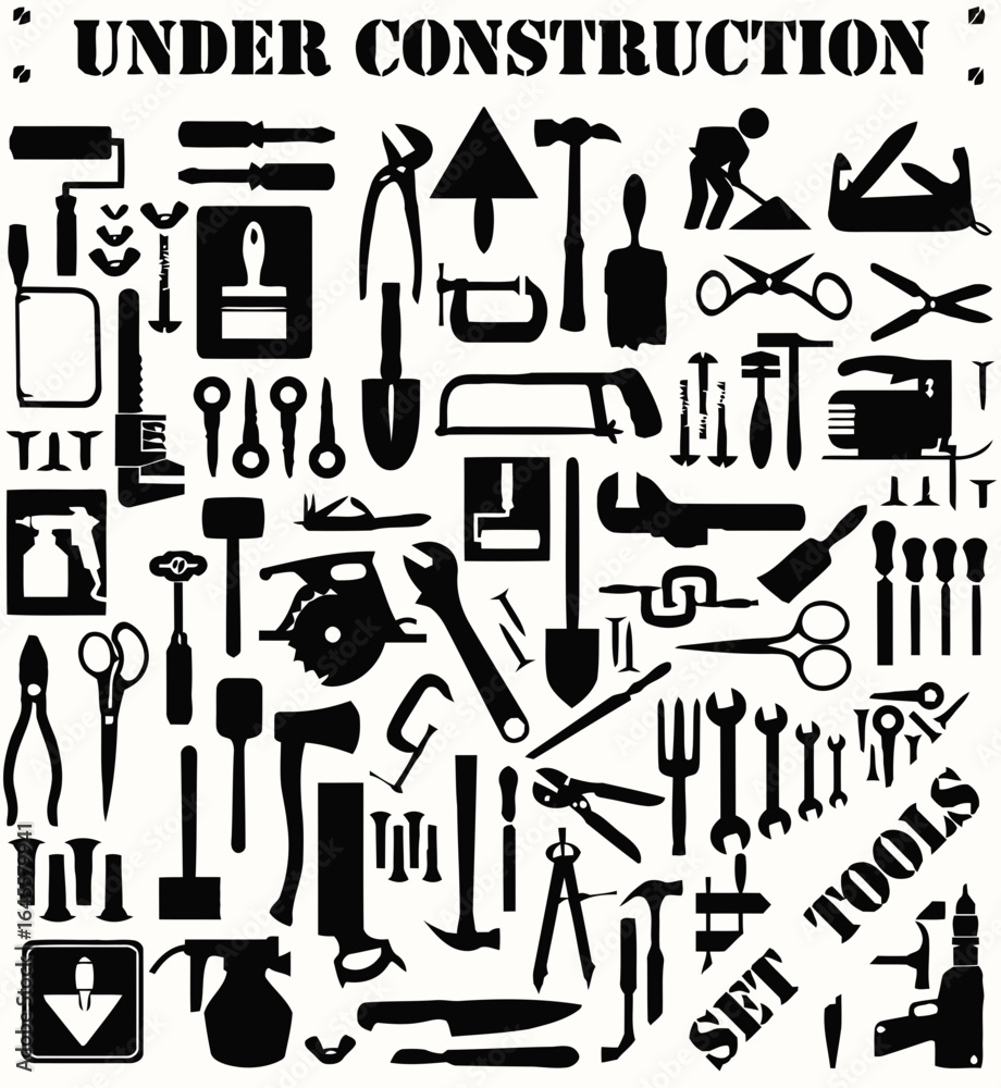 Obraz premium A collection of black silhouette tools, a diverse set. 