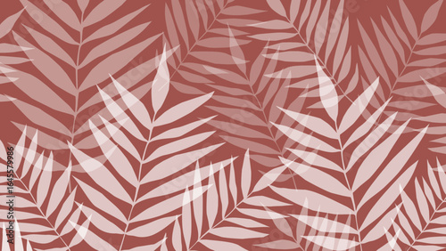Red and white seamless patterns background with leaves.  Botanic tropical wallpaper with palm leaves. 