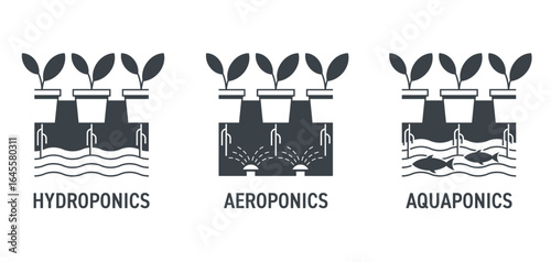 Hydroponics, Aeroponics, Aquaponics icons in monochrome style