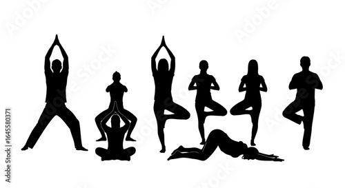 diverse yoga poses silhouettes of people practicing various yoga asanas for wellness and fitness websites blogs and infographics