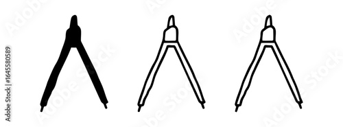 Three pairs of compasses, one in black, one in white.