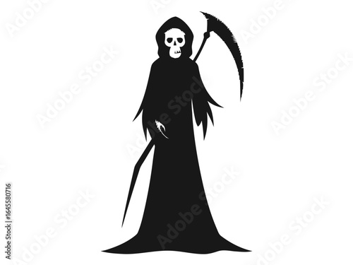 Grim reaper in hooded cloak, scythe in hand.
