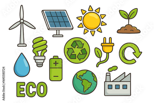 Collection of renewable energy and ecology icons. Vector illustration set with symbols for green power, sustainability, and environment conservation like solar panel, wind turbine.