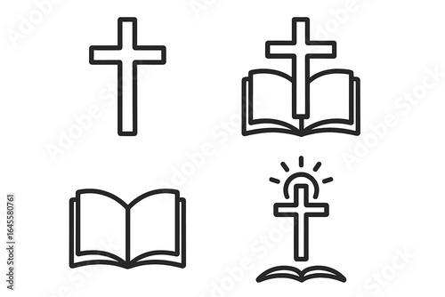 Christian religion line icon set. Minimalist faith symbols. Holy bible book and cross vector illustration. Spirituality, worship, prayer, gospel, god, jesus, church concept.