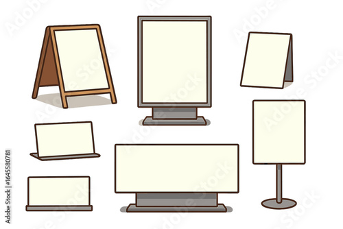 Vector mockup set of blank display stands, advertising signs, and promotional billboards. Empty A-frame sandwich board, lightbox, and tabletop templates for commercial use.