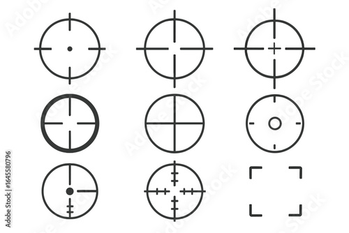 Crosshair designs collection vector set. Sniper scope, target aim, gun sight, reticle illustration. Focus, accuracy, hunting, military symbol. Weapon optical sight icon.