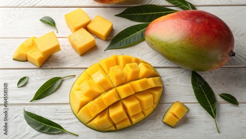 Mango Slices on White Wood ...
