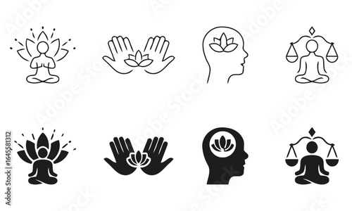 Yoga poses, lotus flower, balance, mindfulness.
