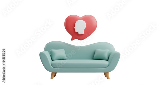 3d icon of a blue sofa with a heartshaped speech bubble containing a head silhouette, representing mental health support and therapy isolated on transparent background