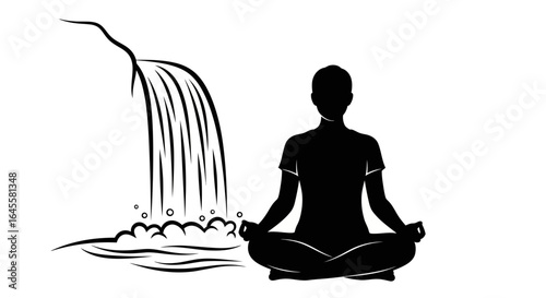 find inner peace meditative silhouette of person in lotus pose by a serene waterfall perfect for wellness yoga and mindfulness websites or brochures