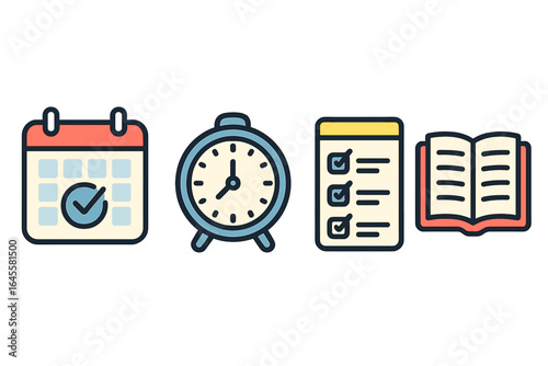 Time management icon set with calendar, clock, checklist and book. Concept for business productivity, schedule planning, task organization, deadline and workflow efficiency.