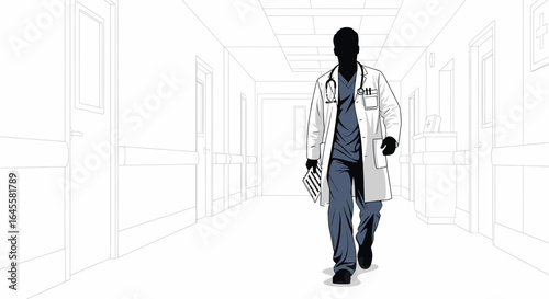 confident doctor walking hospital corridor medical professional healthcare confidence patient care medical facility image