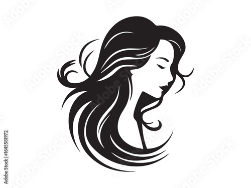 Elegant woman with flowing black hair, serene profile.
