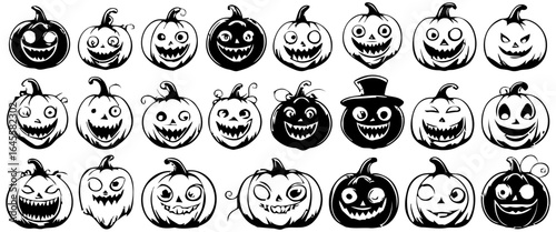 Many pumpkins with various faces. Halloween theme.