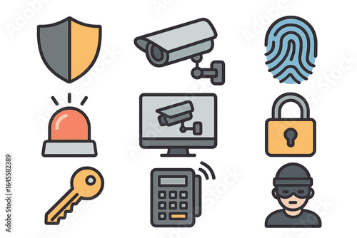 Security icon set. Vector collection of safety and surveillance symbols. Includes CCTV camera, lock, key, fingerprint, alarm, shield and thief. Protection and access control.