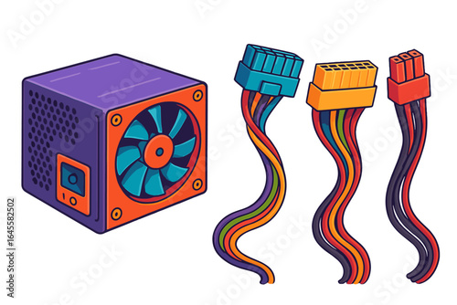 Computer power supply unit with cable connectors set. PC hardware components for gaming. PSU, ATX, Molex plugs. Vector cartoon illustration icon isolated on background.