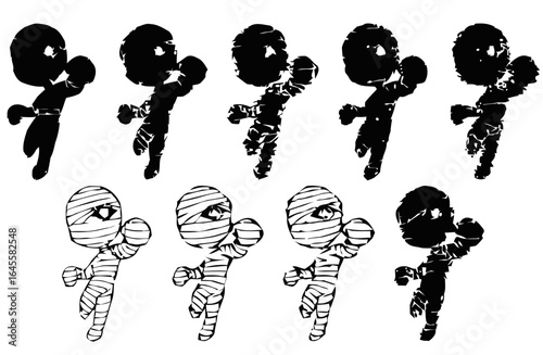 Mummified figures in black and white, boxing poses.
