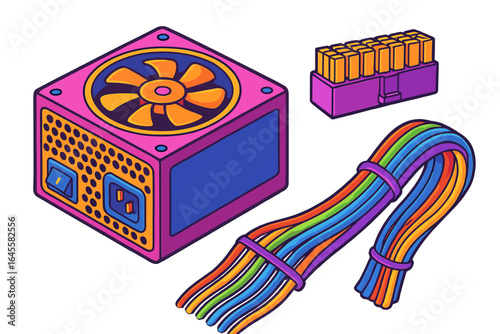 Computer power supply unit, connector, and cable set. Isometric 3D vector of colorful gaming PC hardware. Cartoon illustration of a computer component kit for tech.