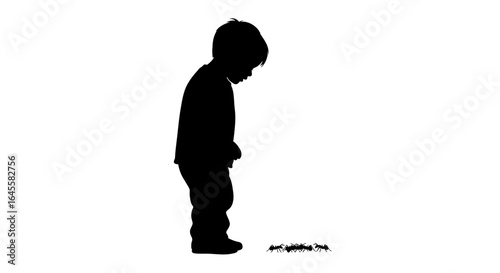 curious toddler observing ant colony a black and white silhouette for educational designs child development illustrations and naturethemed projects