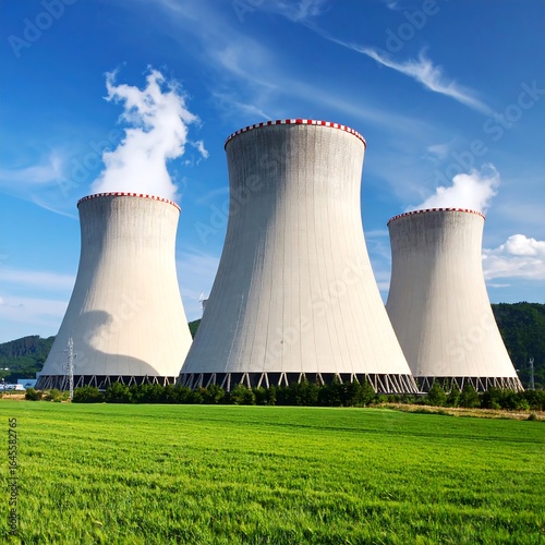 Three large cooling towers emit steam against a vibrant blue sky and lush green field