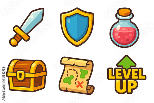 RPG game icon set with fantasy adventure elements. Vector cartoon assets for UI design, including a sword, shield, magic potion, treasure chest, quest map, and level up.