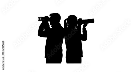 observing the future a powerful silhouette image of a man with binoculars and a woman with a camera representing exploration discovery and shared vision for business success
