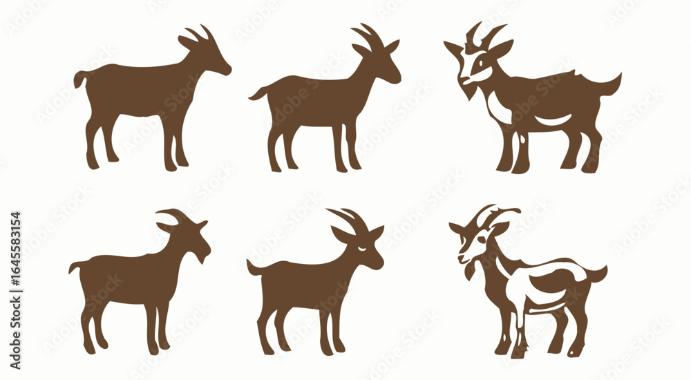 Fototapeta premium Silhouettes of six brown goats in various poses.