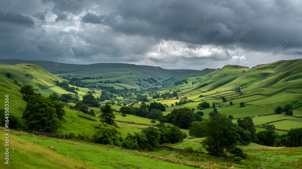 Fototapeta premium A panoramic landscape of rolling green hills under a stormy grey sky (1)