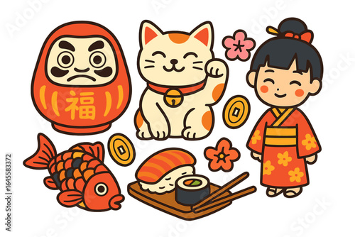 Set of cute Japanese culture symbols. Kawaii cartoon vector illustration. Daruma, Maneki Neko cat, girl in kimono, koi fish, sushi, money coin. Good luck and fortune icons.