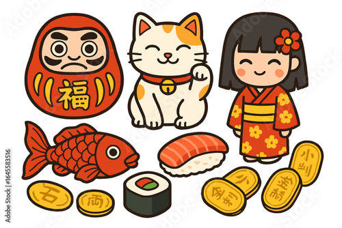 Set of Japanese culture icons. Cute cartoon vector illustration with traditional symbols of Japan. Daruma doll, maneki neko cat, girl in kimono, koi fish, sushi, lucky coins.