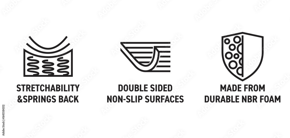 Obraz premium Yoga mat bold icons - Stretchability, Springs-Back, 2-Sided Non-slip, Durable NBR foam