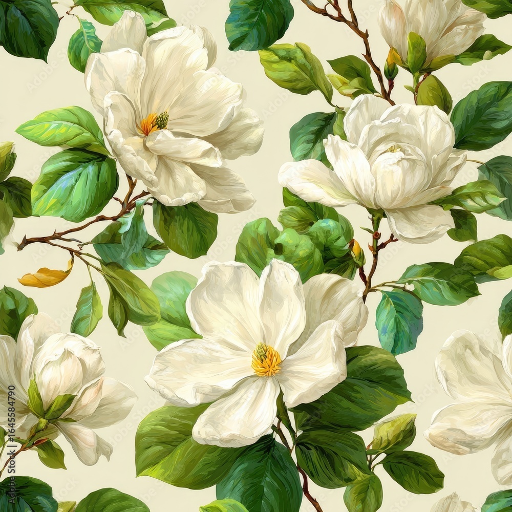 Fototapeta premium Whimsical floral print of white magnolias. Detailed botanical illustrations of blossoms and leaves on beige background. Intricate, repeating pattern of branches and buds