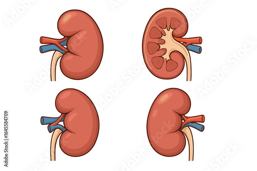 Human kidney anatomy vector illustration set. Medical diagram with cross-section view of renal structure. Urology organ icon with artery, vein, and ureter for biology.