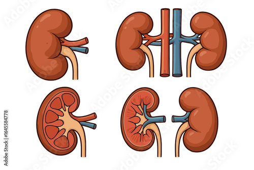Anatomy of the human kidney set. Medical vector illustration of urinary system organs. Cross section showing internal structure. Urology, nephrology scientific diagram concept.